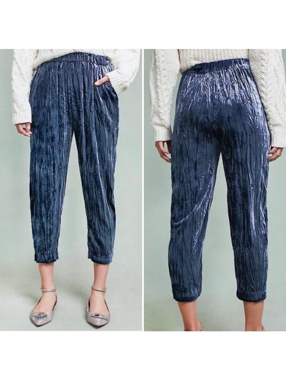 Anthropologie Crushed Velvet Cropped Pants XS Navy Blue